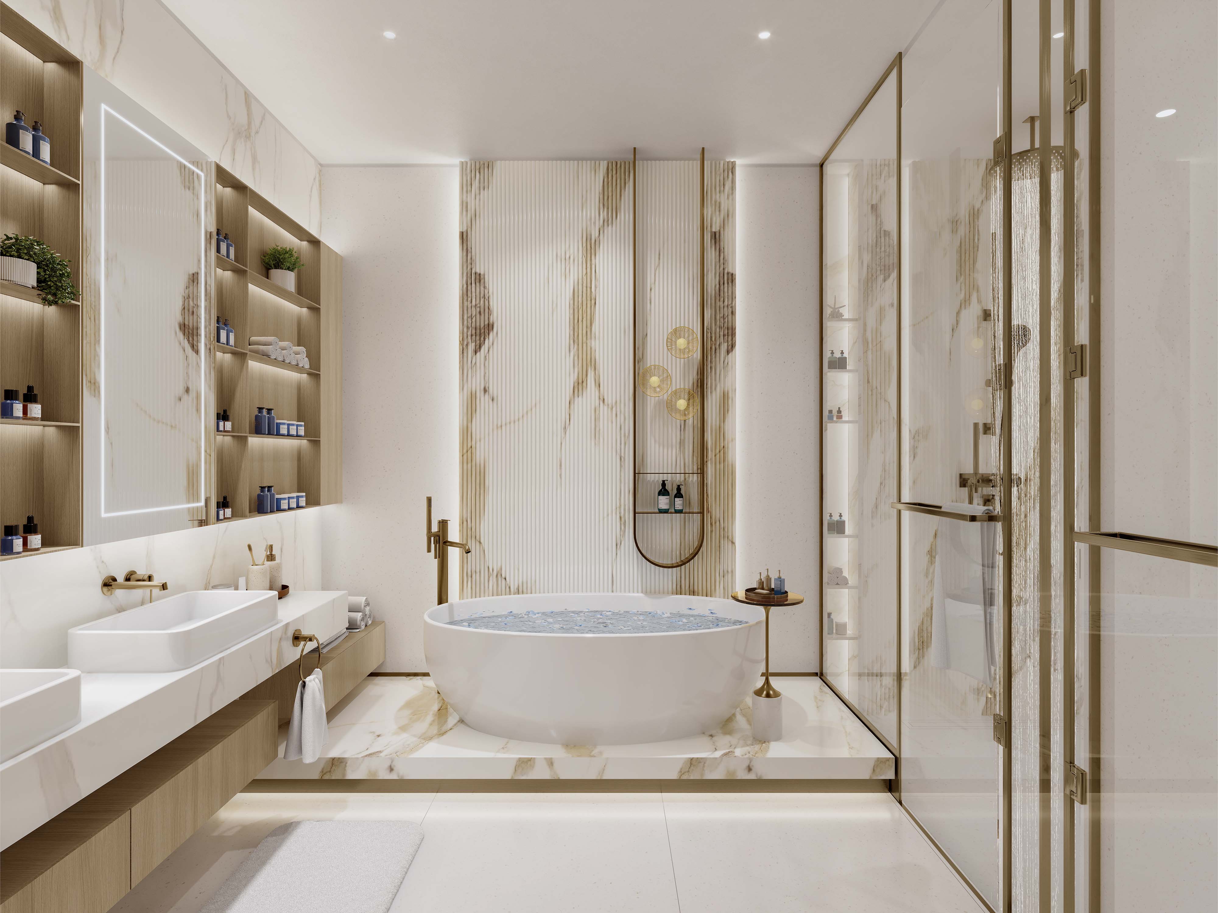 Sunset Bay 3 By Imtiaz A modern bathroom featuring a freestanding tub, stylish fixtures, elegant lighting, and organized shelves with products.